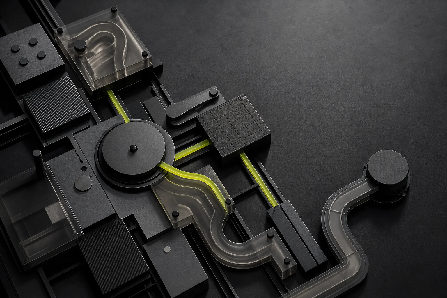 A modular automation system connected by a green signal path