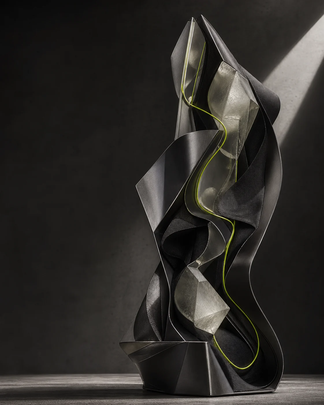 An abstract black sculptural form threaded with an acid green signal